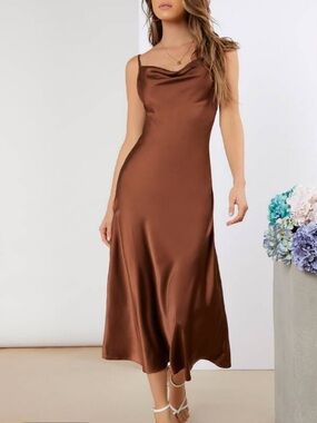 Satin Slip Midi Dress in Brown
